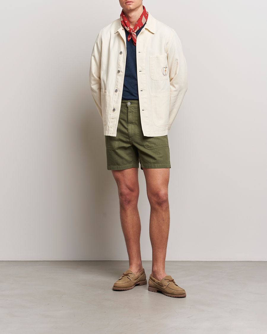 Homme | Shorts | Drake's | Herringbone Fatigue Cotton Shorts Olive
