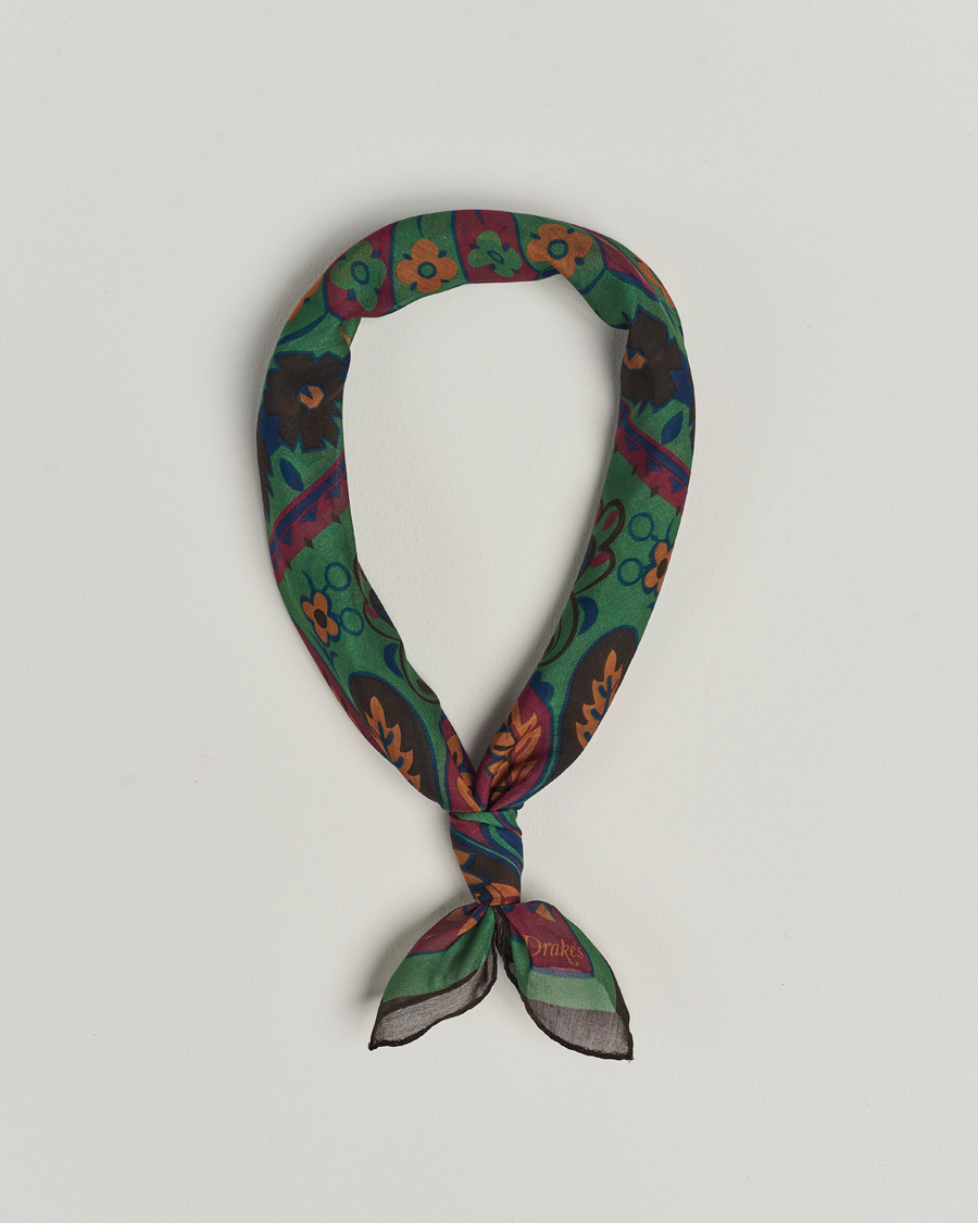 Homme | Drake's Folk Flower Bandana Green | Drake's | Folk Flower Bandana Green