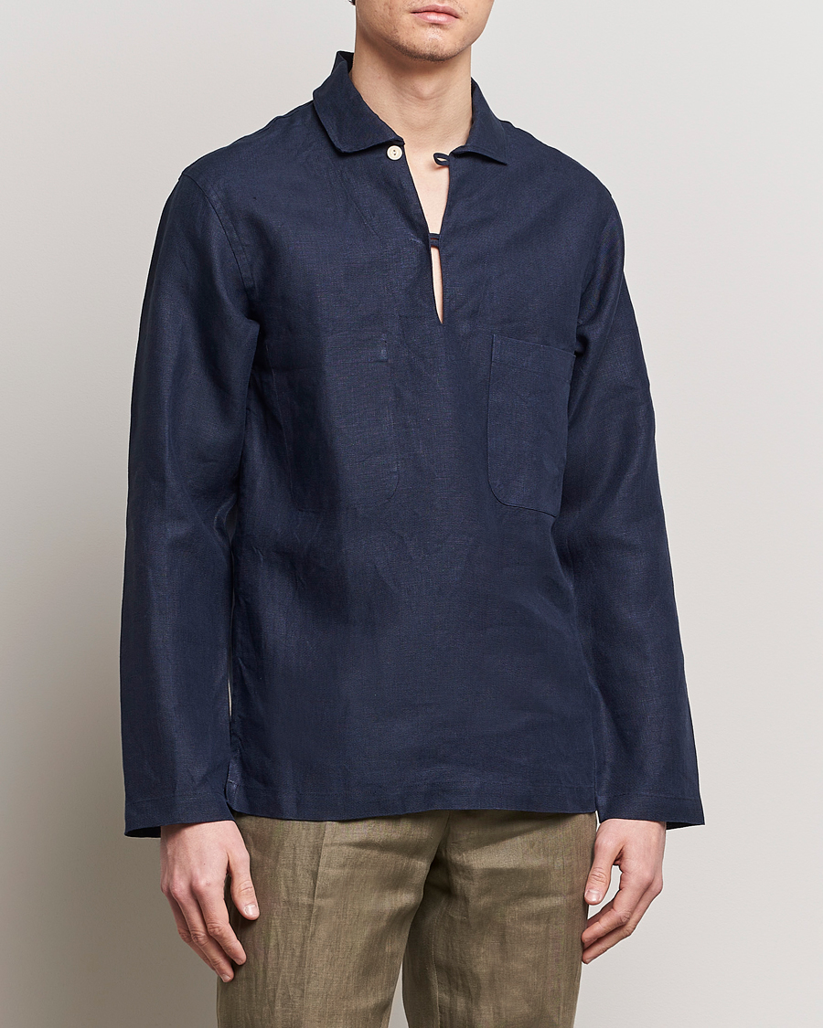 Homme | Chemises | Drake's | Marine Linen Smock Navy