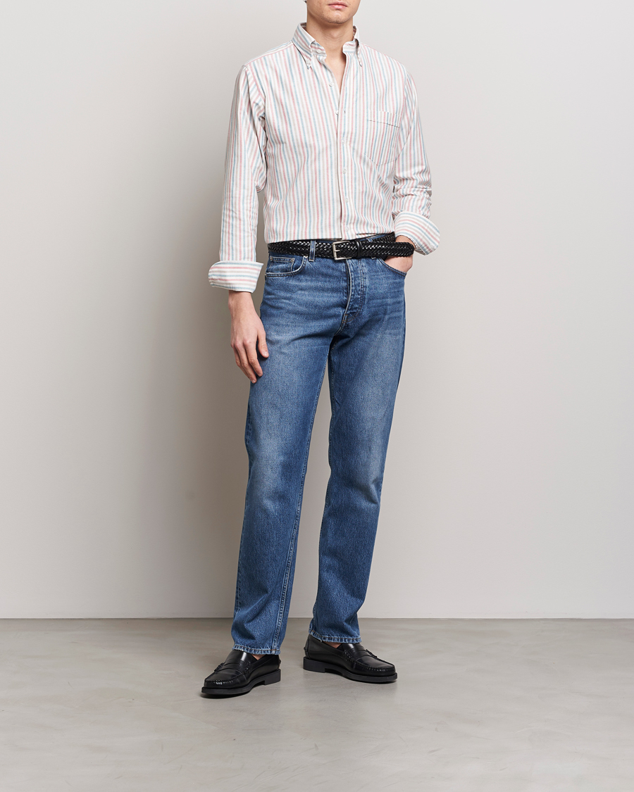 Homme | Chemises | Drake's | Thin Tripple Stripe Oxford Shirt White
