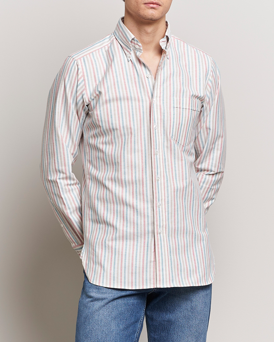 Homme |  | Drake's | Thin Tripple Stripe Oxford Shirt White