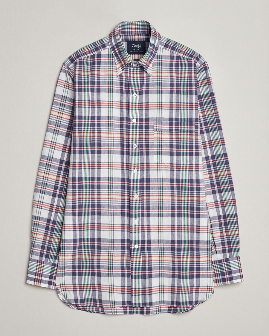 Homme | Chemises | Drake's | Madras Checked Linen Button Down Shirt Navy