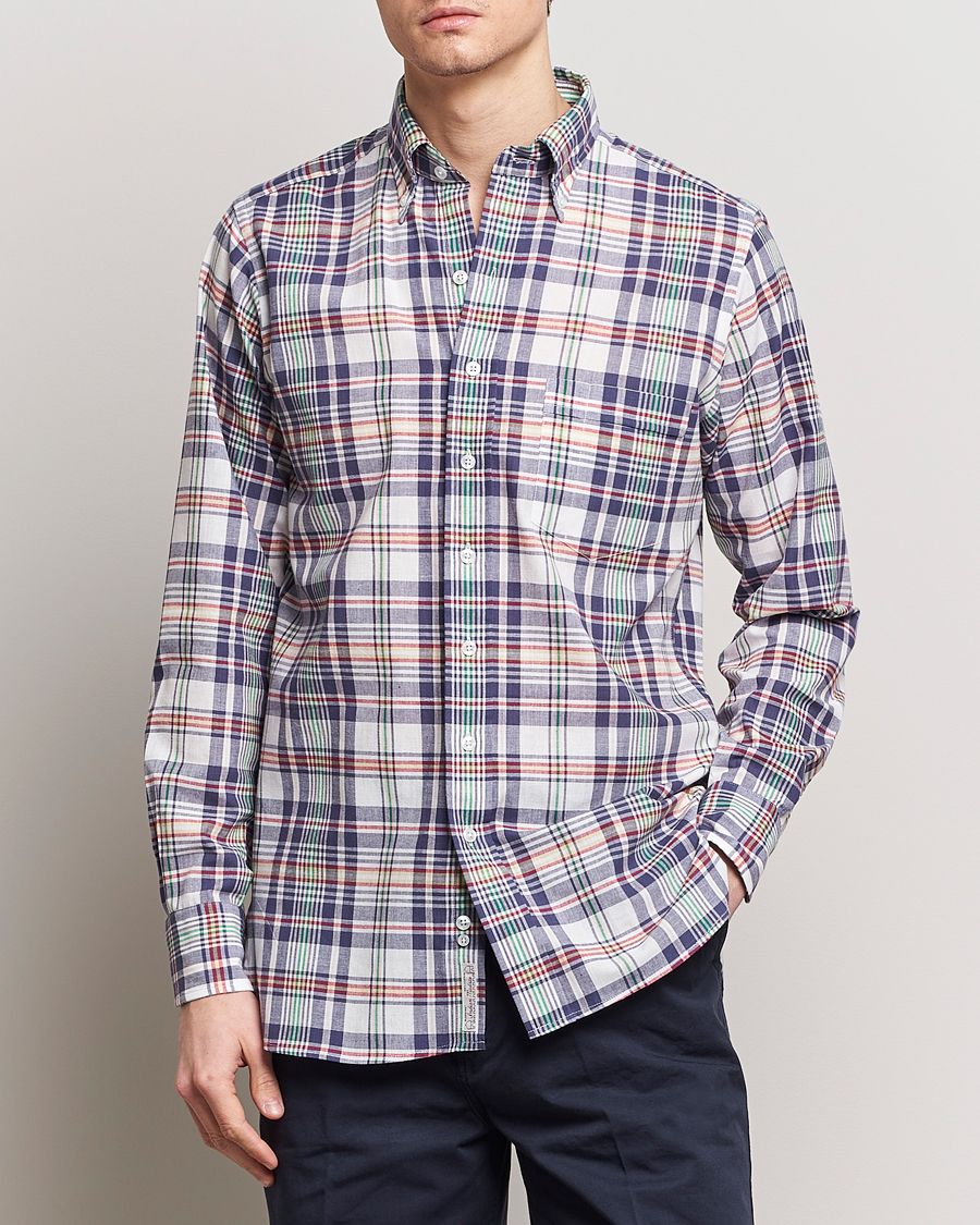 Homme |  | Drake's | Madras Checked Linen Button Down Shirt Navy