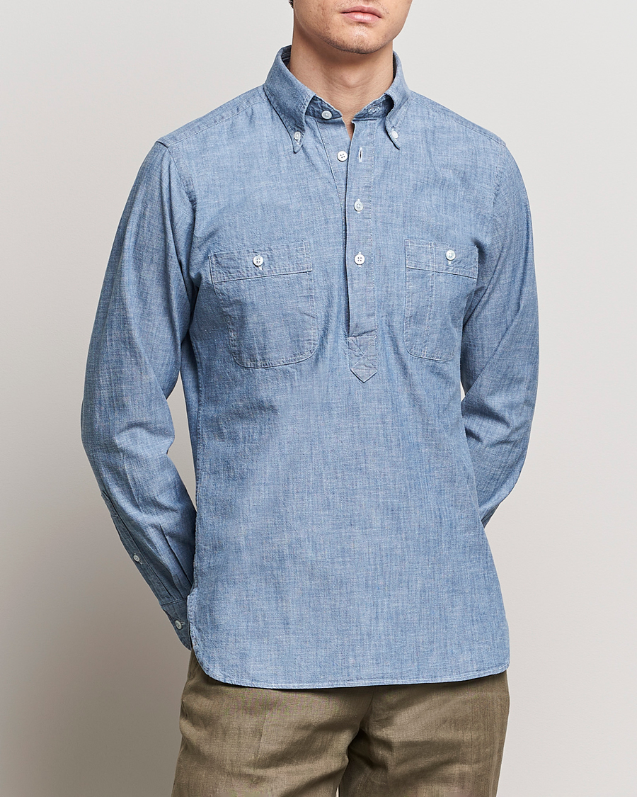 Homme | Preppy Authentic | Drake's | Chambray Popover Work Shirt Blue