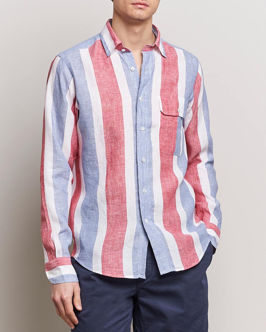 Homme |  | Drake's | Thick Stripe Linen Shirt Red/Blue