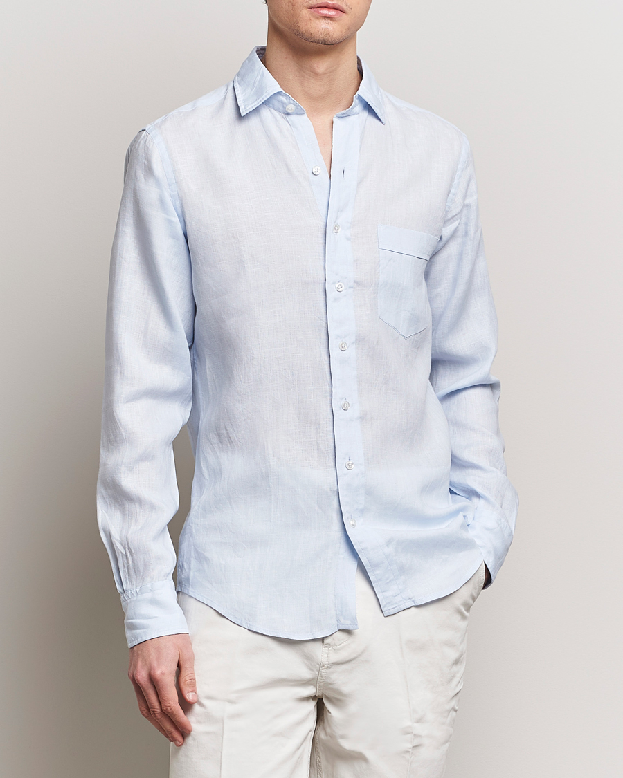 Homme | Chemises En Lin | Drake's | Linen Summer Shirt Sky Blue