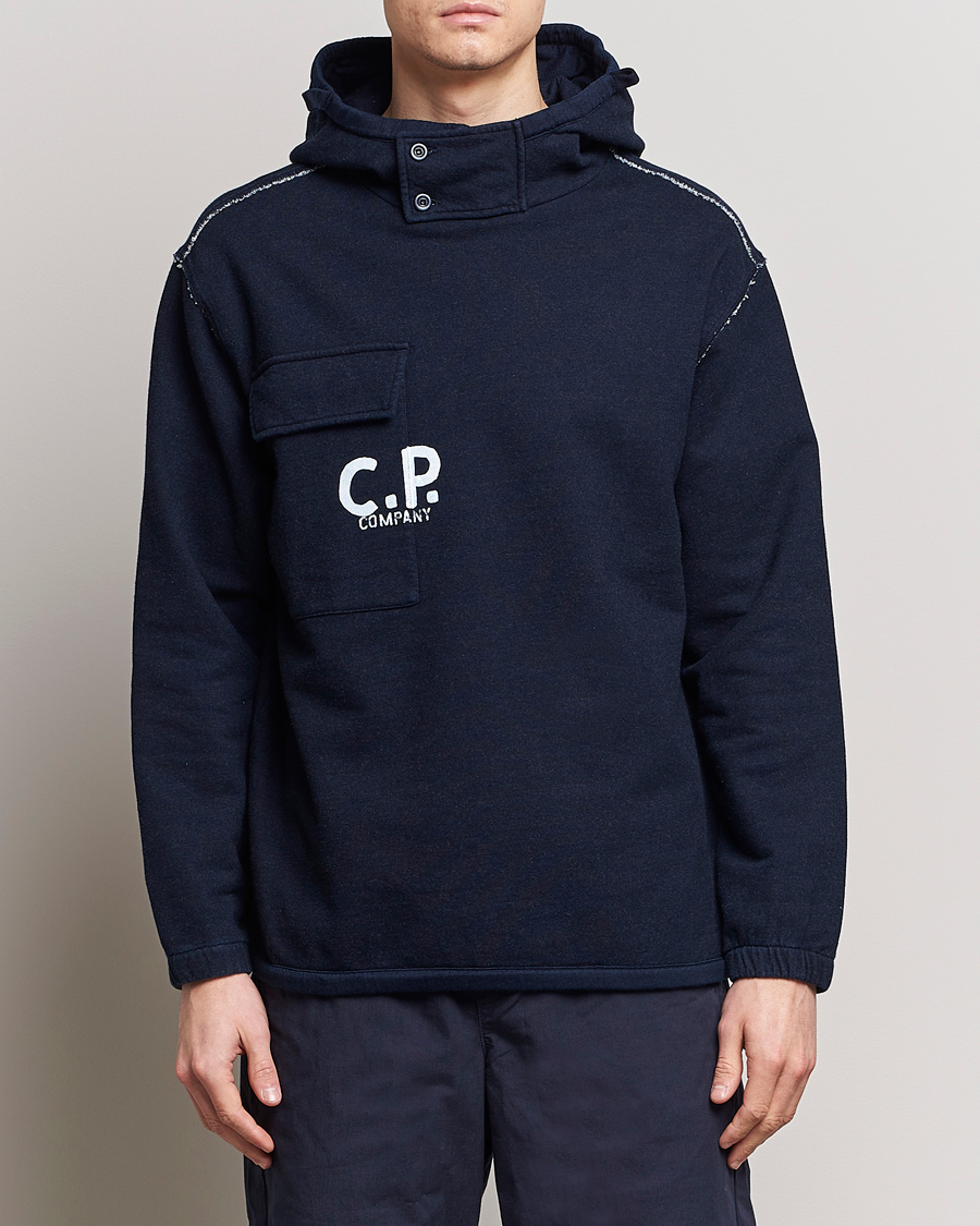 Homme |  | C.P. Company | Washed Indigo Fleece Hooded Sweatshirt Navy