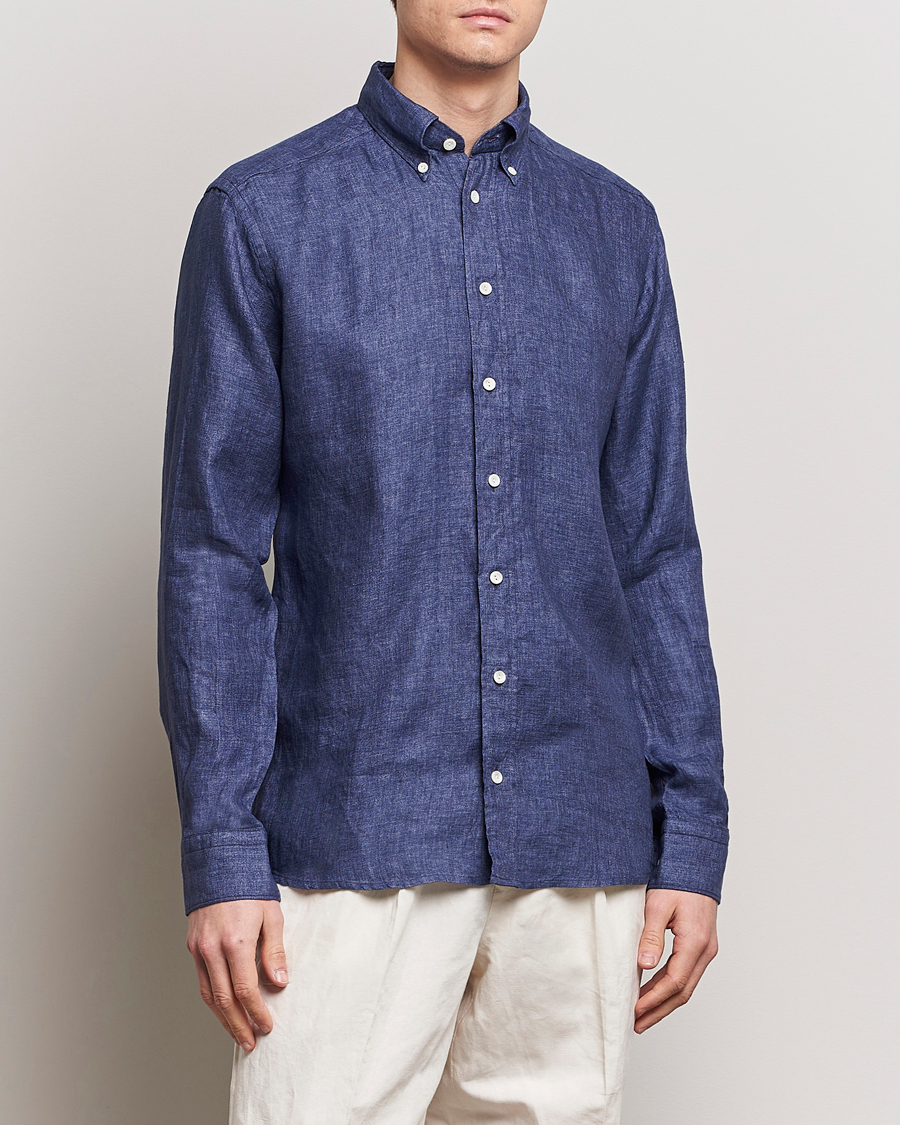 Homme | Chemises En Lin | Eton | Slim Fit Linen Button Down Shirt Navy Blue