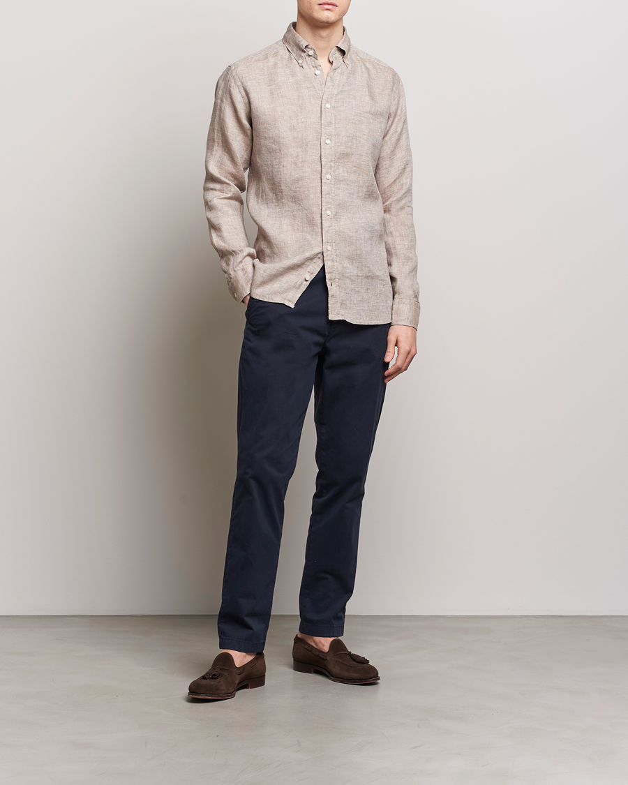 Homme | Chemises | Eton | Slim Fit Linen Button Down Shirt Brown