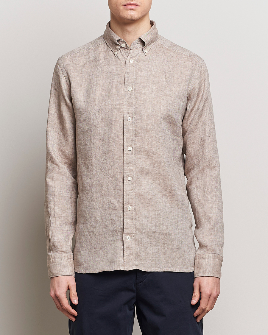 Homme |  | Eton | Slim Fit Linen Button Down Shirt Brown