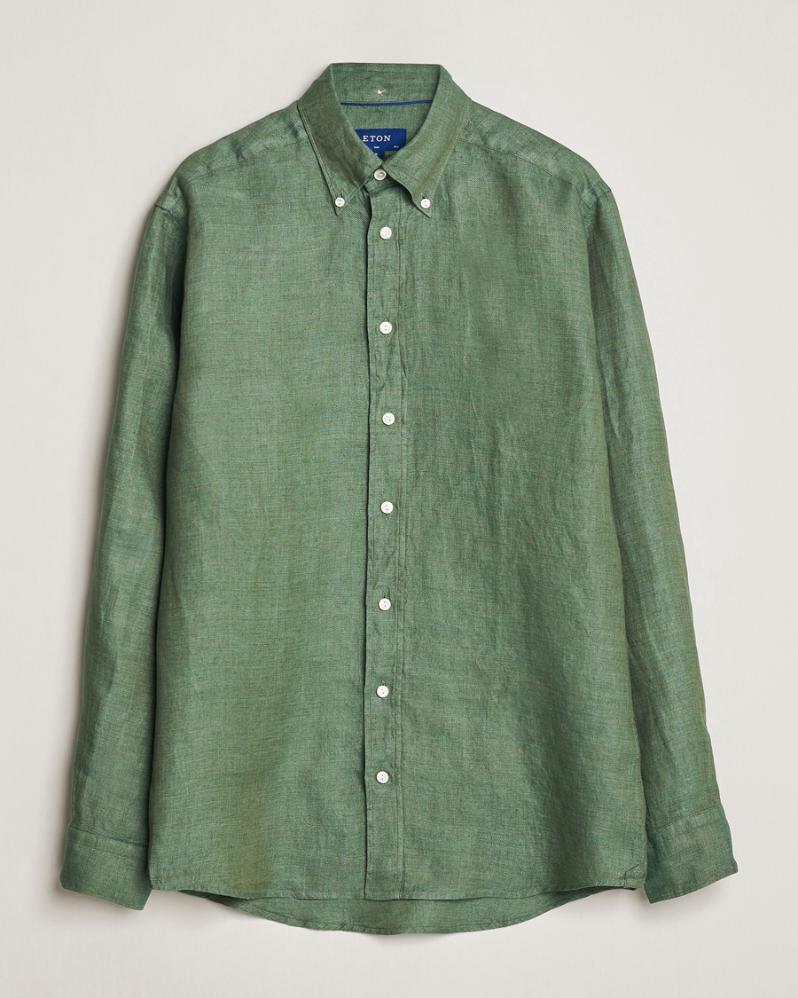 Homme | Chemises | Eton | Slim Fit Linen Button Down Shirt Dark Green