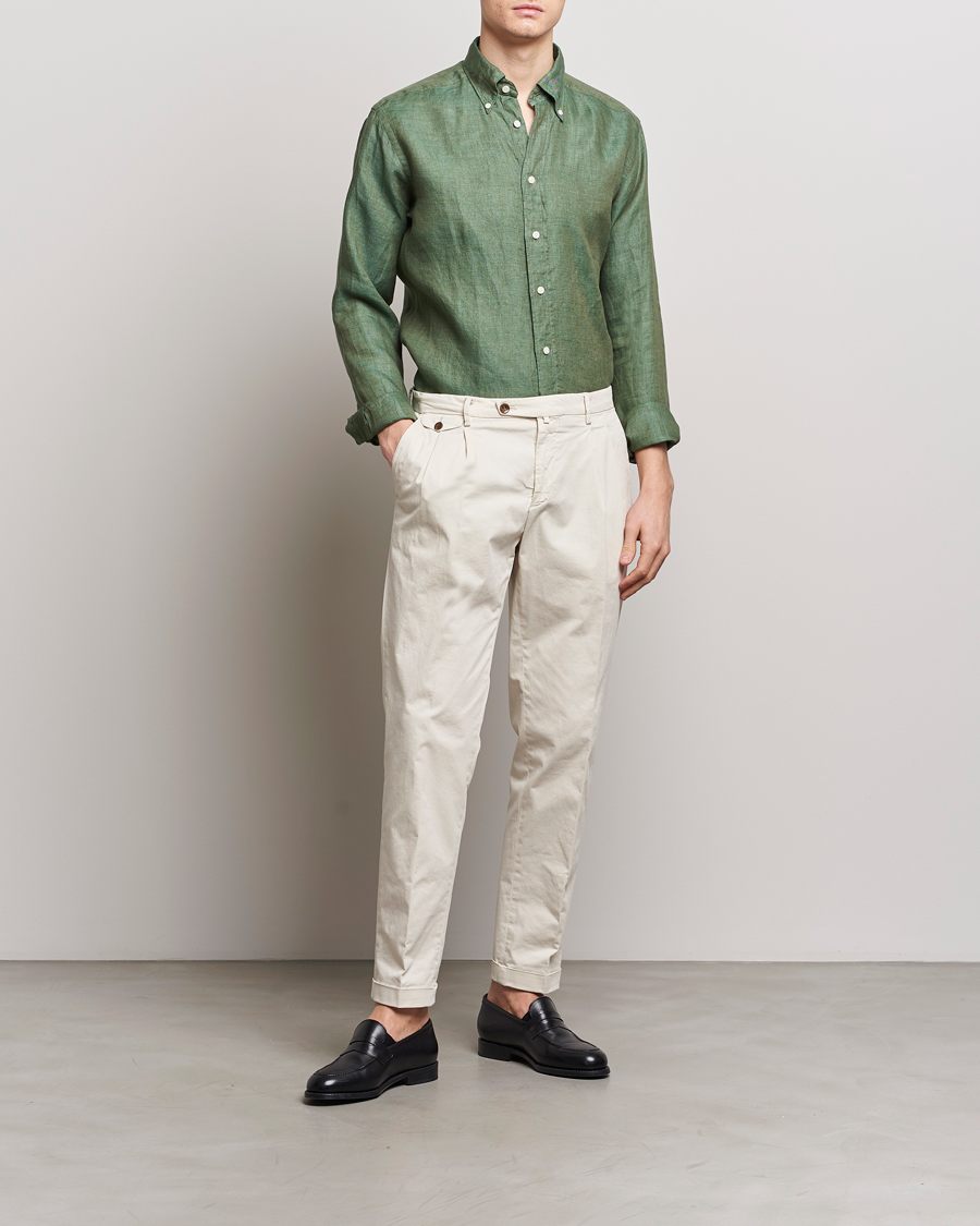 Homme | Chemises | Eton | Slim Fit Linen Button Down Shirt Dark Green