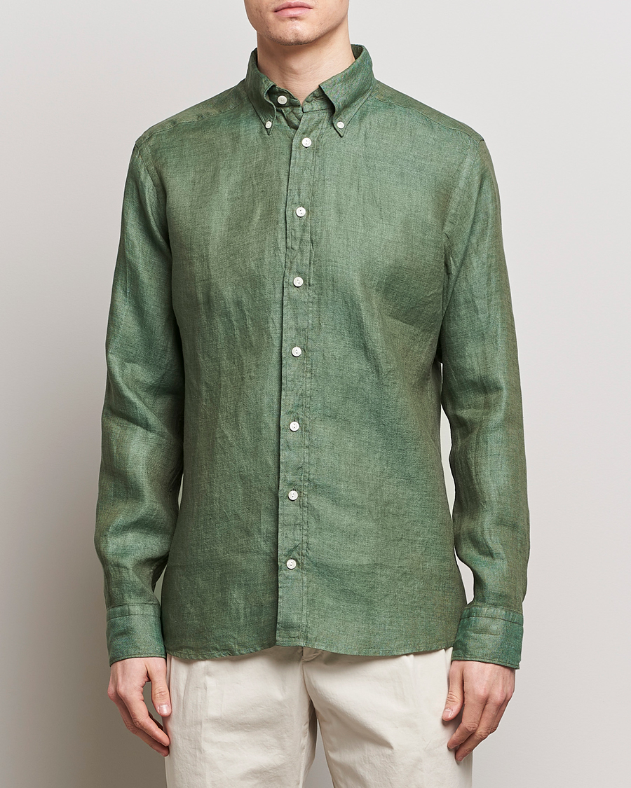 Homme | Casual | Eton | Slim Fit Linen Button Down Shirt Dark Green