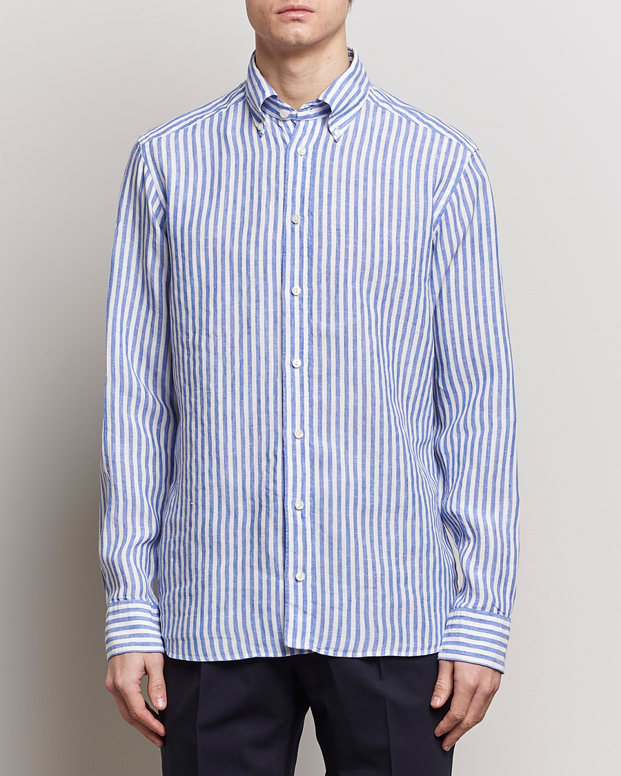 Homme | Business & Beyond | Eton | Slim Fit Striped Linen Shirt Blue/White