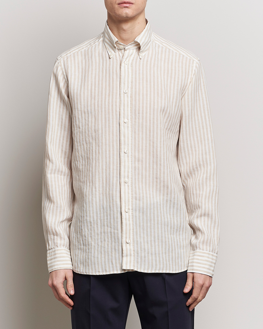 Homme | Chemises En Lin | Eton | Slim Fit Striped Linen Shirt Beige/White