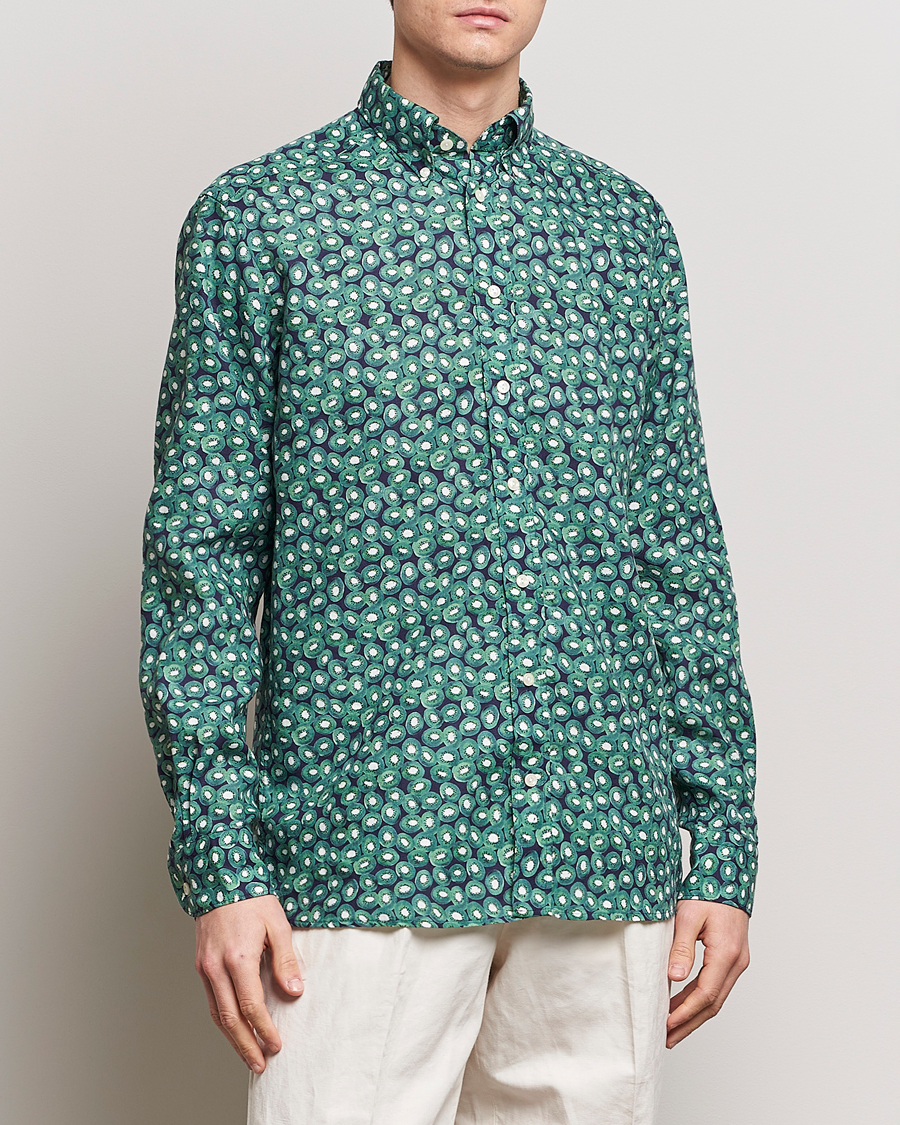 Homme | Chemises En Lin | Eton | Contemporary Fit Printed Linen Shirt Green Kiwi