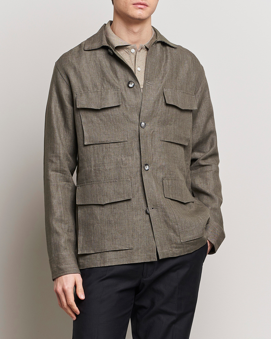 Homme | Manteaux Et Vestes | Eton | Heavy Linen Drawstring Field Jacket Dark Green