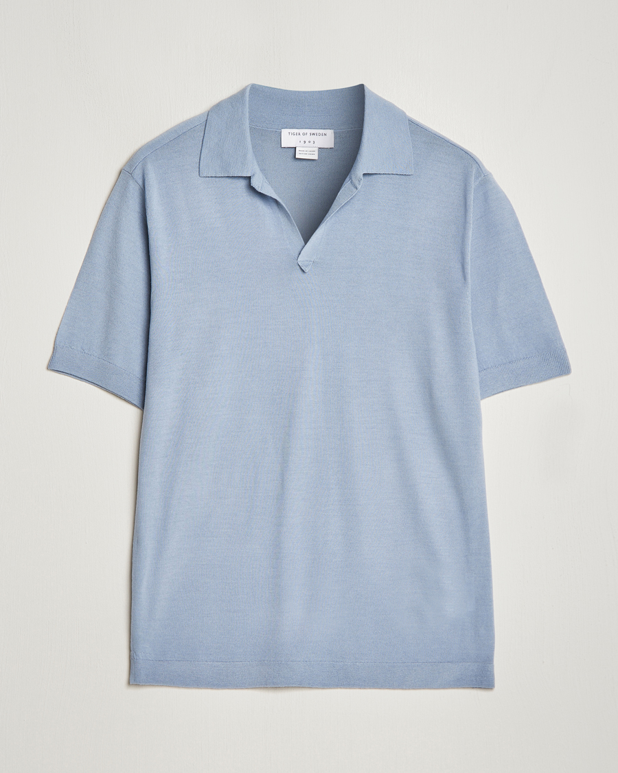 Homme | Polos | Tiger of Sweden | Beker Knitted Merino Open Collar Polo Polar Blue