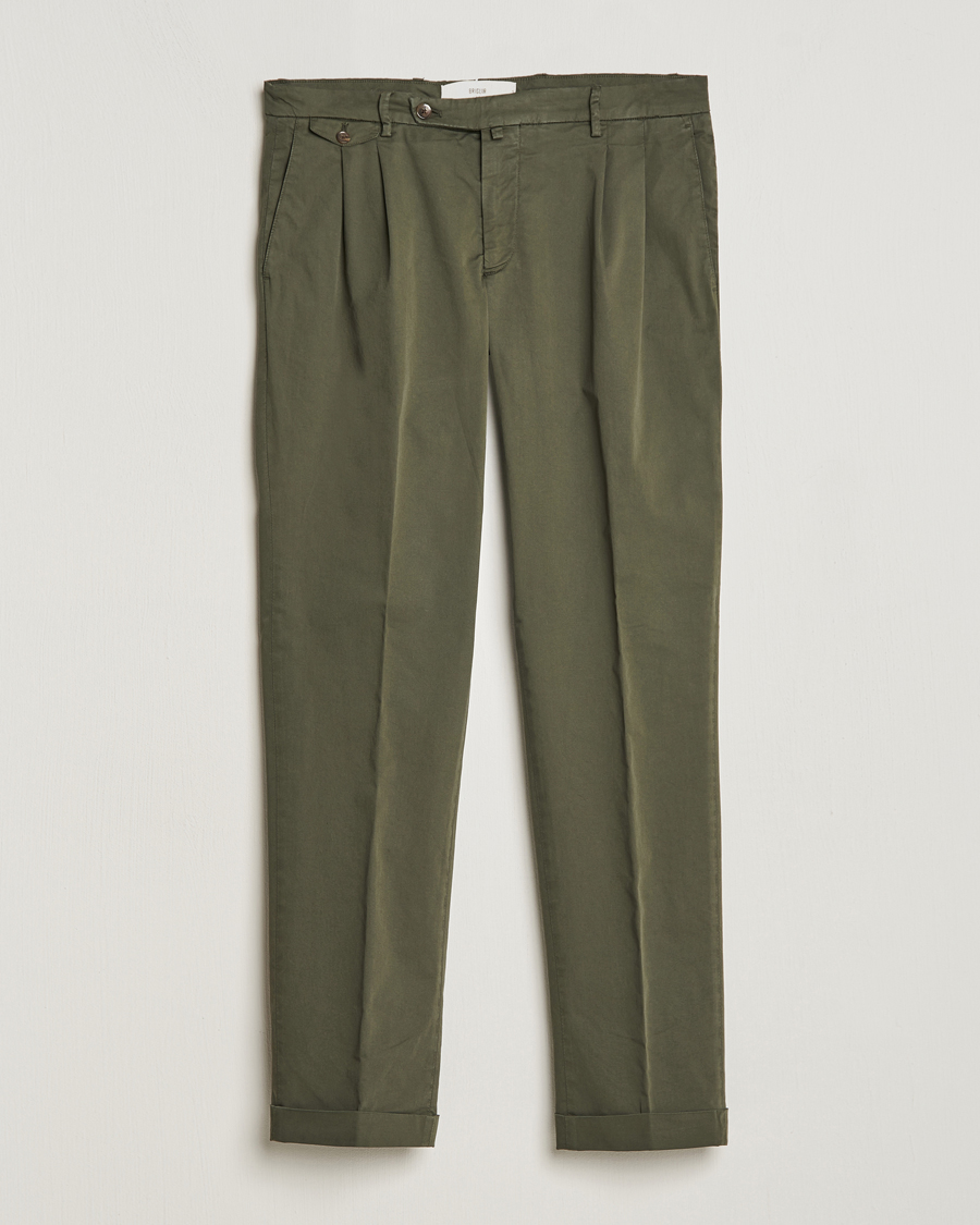Homme | Pantalons | Briglia 1949 | Easy Fit Pleated Cotton Stretch Chino Olive