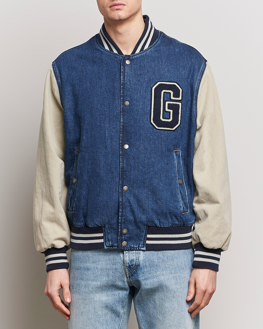 Homme | Manteaux Et Vestes | GANT | Denim Varsity Jacket Dark Blue Worn In