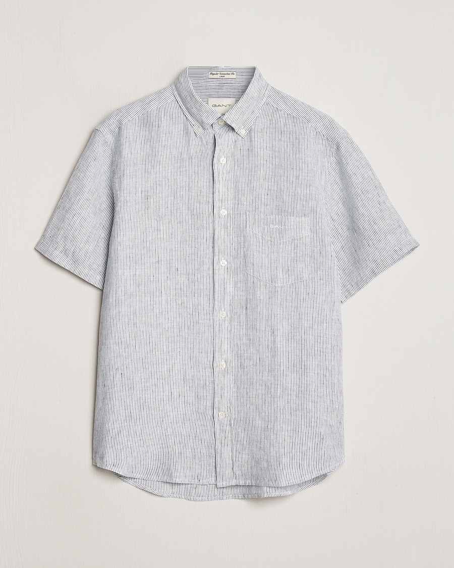 Homme | Chemises | GANT | Regular Fit Striped Linen Short Sleeve Shirt White/Blue