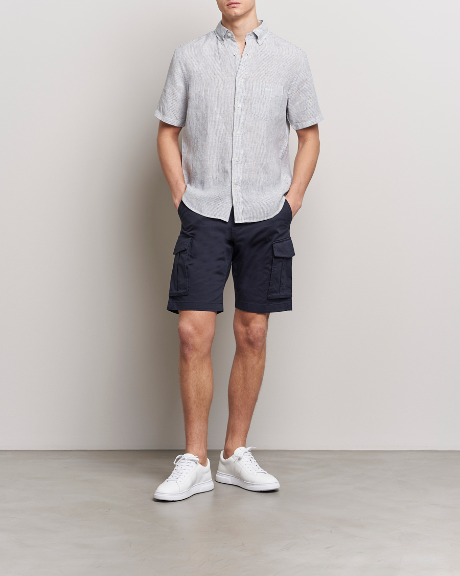 Homme | Chemises | GANT | Regular Fit Striped Linen Short Sleeve Shirt White/Blue