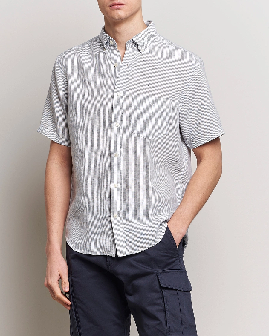 Homme | Chemises À Manches Courtes | GANT | Regular Fit Striped Linen Short Sleeve Shirt White/Blue