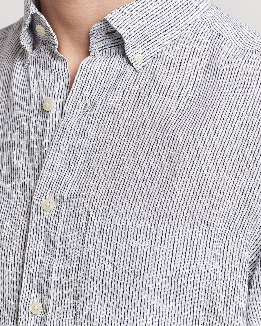 Homme | Chemises | GANT | Regular Fit Striped Linen Short Sleeve Shirt White/Blue