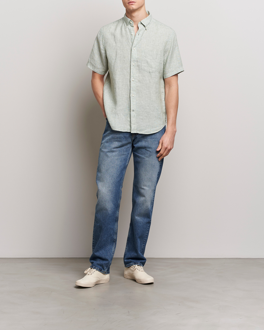Homme | Chemises | GANT | Regular Fit Striped Linen Short Sleeve Shirt Green/White