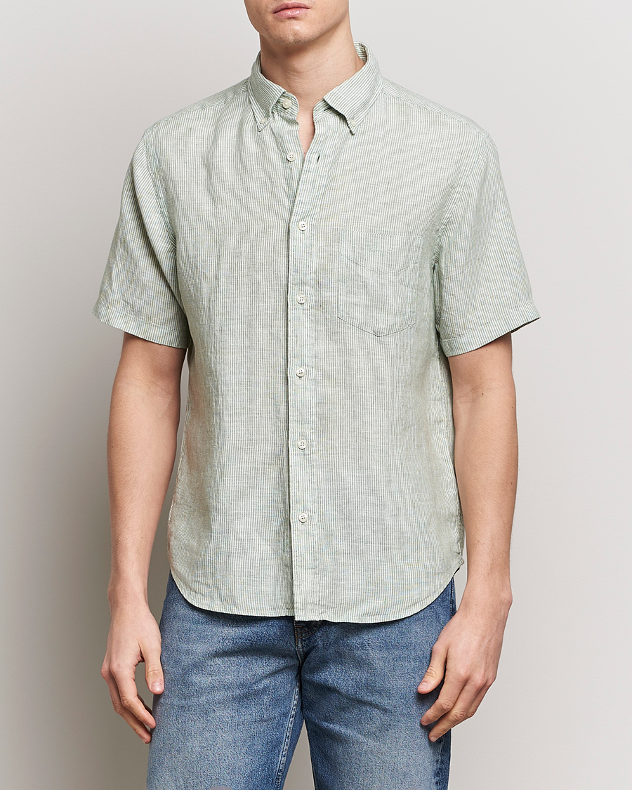 Homme | Chemises À Manches Courtes | GANT | Regular Fit Striped Linen Short Sleeve Shirt Green/White