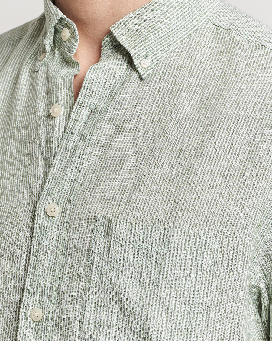 Homme | Chemises | GANT | Regular Fit Striped Linen Short Sleeve Shirt Green/White
