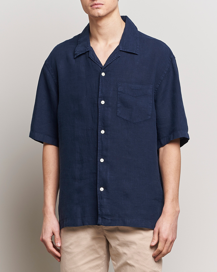 Homme | Chemises À Manches Courtes | GANT | Relaxed Fit Linen Resort Short Sleeve Shirt Marine