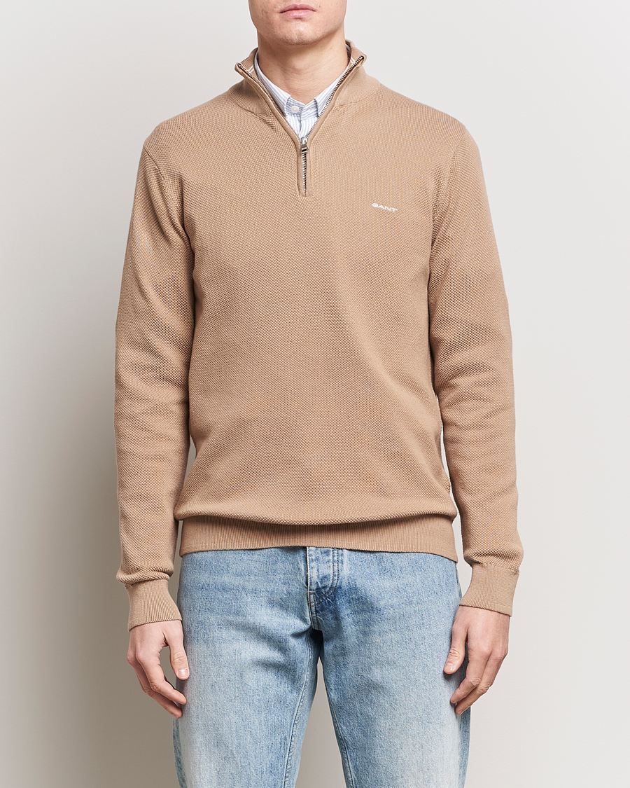 Homme | Soldes Vêtements | GANT | Cotton Pique Half-Zip Sweater Dark Khaki