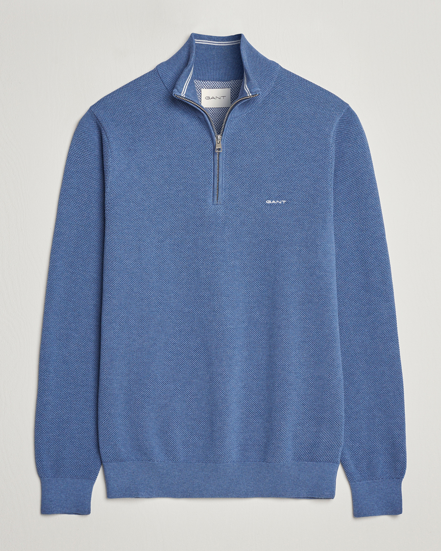 Homme | Pulls Et Tricots | GANT | Cotton Pique Half-Zip Sweater Denim Blue Melange