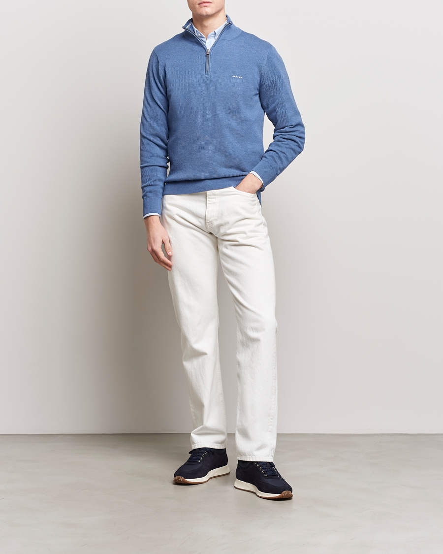Homme | Pulls Et Tricots | GANT | Cotton Pique Half-Zip Sweater Denim Blue Melange
