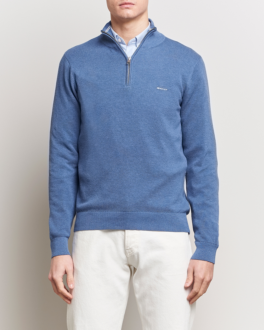 Men | Clothing | GANT | Cotton Pique Half-Zip Sweater Denim Blue Melange
