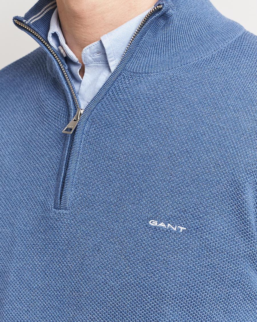 Homme | Pulls Et Tricots | GANT | Cotton Pique Half-Zip Sweater Denim Blue Melange