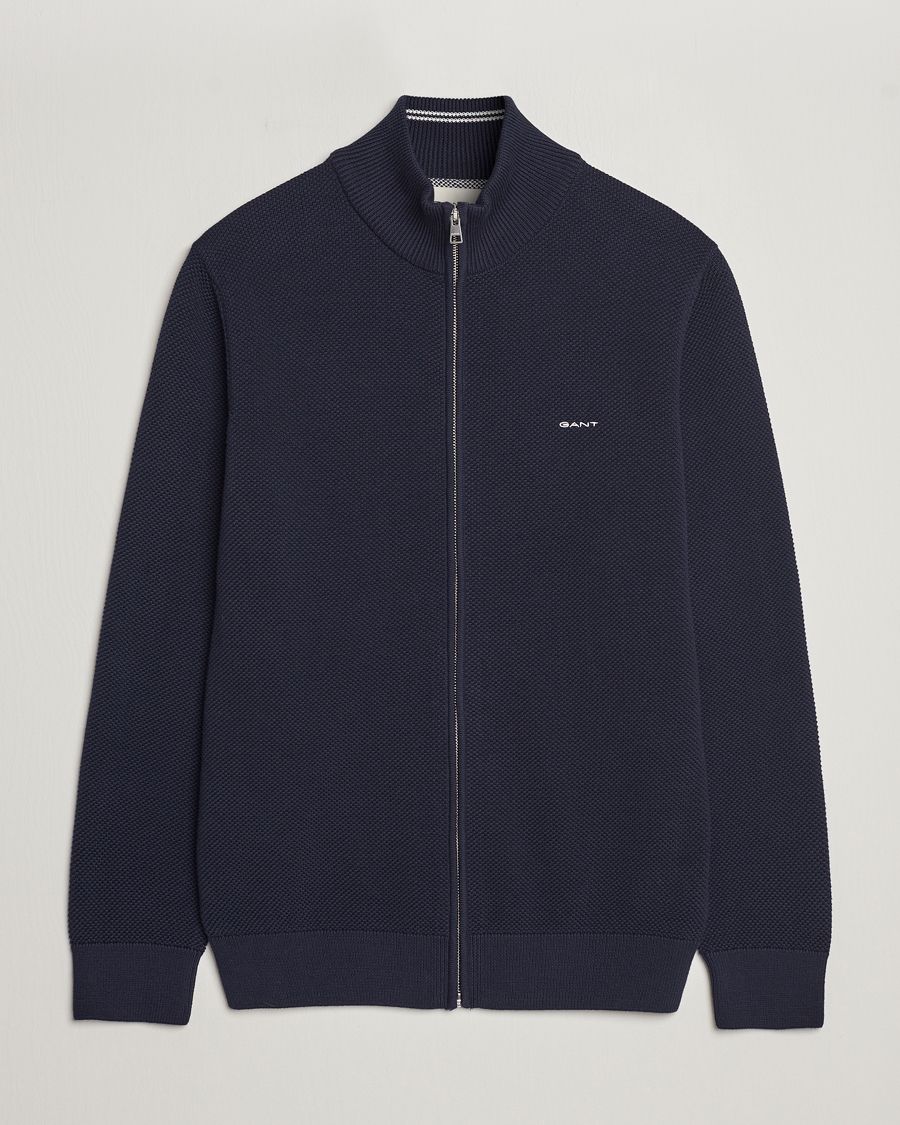 Homme | Pulls Et Tricots | GANT | Cotton Pique Full-Zip Sweater Evening Blue