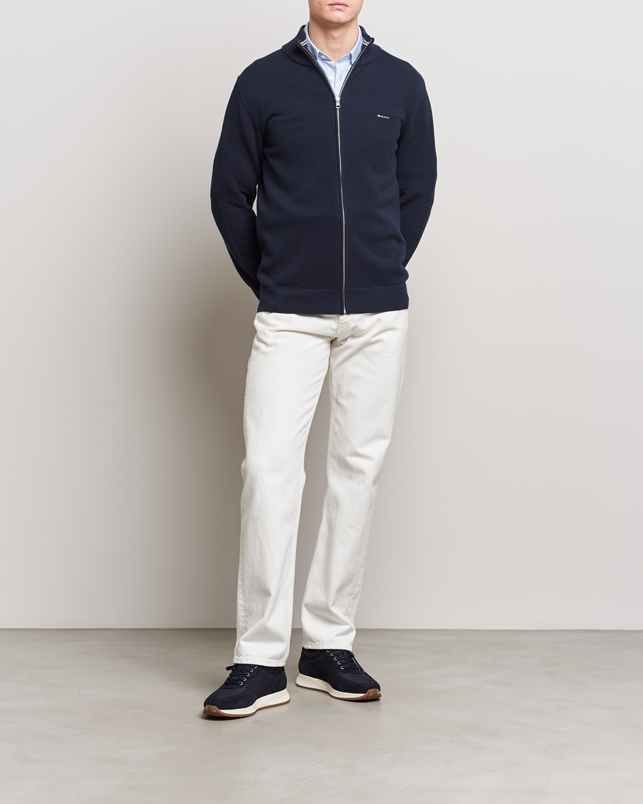 Homme | Pulls Et Tricots | GANT | Cotton Pique Full-Zip Sweater Evening Blue