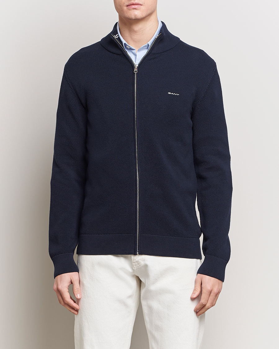 Homme | Pulls Et Tricots | GANT | Cotton Pique Full-Zip Sweater Evening Blue