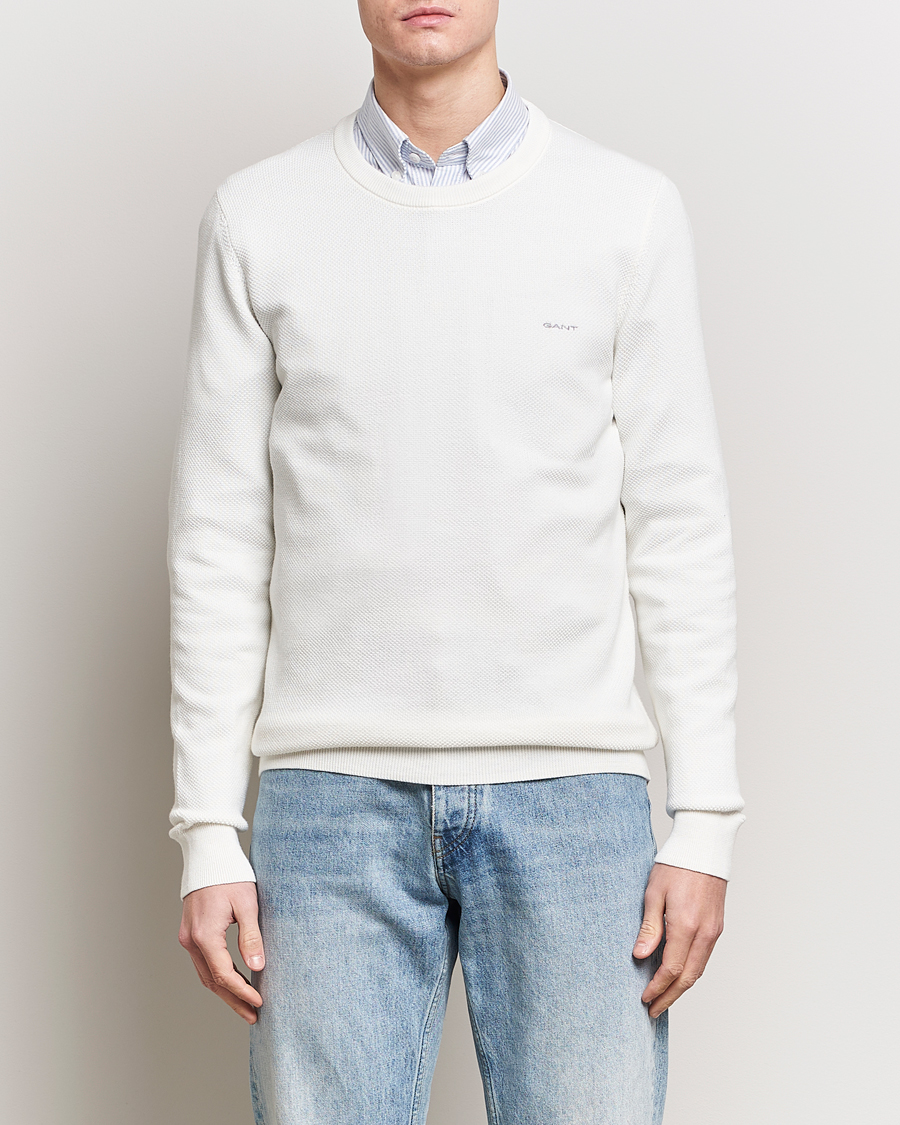 Homme | Soldes Vêtements | GANT | Cotton Pique Crew Neck Sweater Eggshell