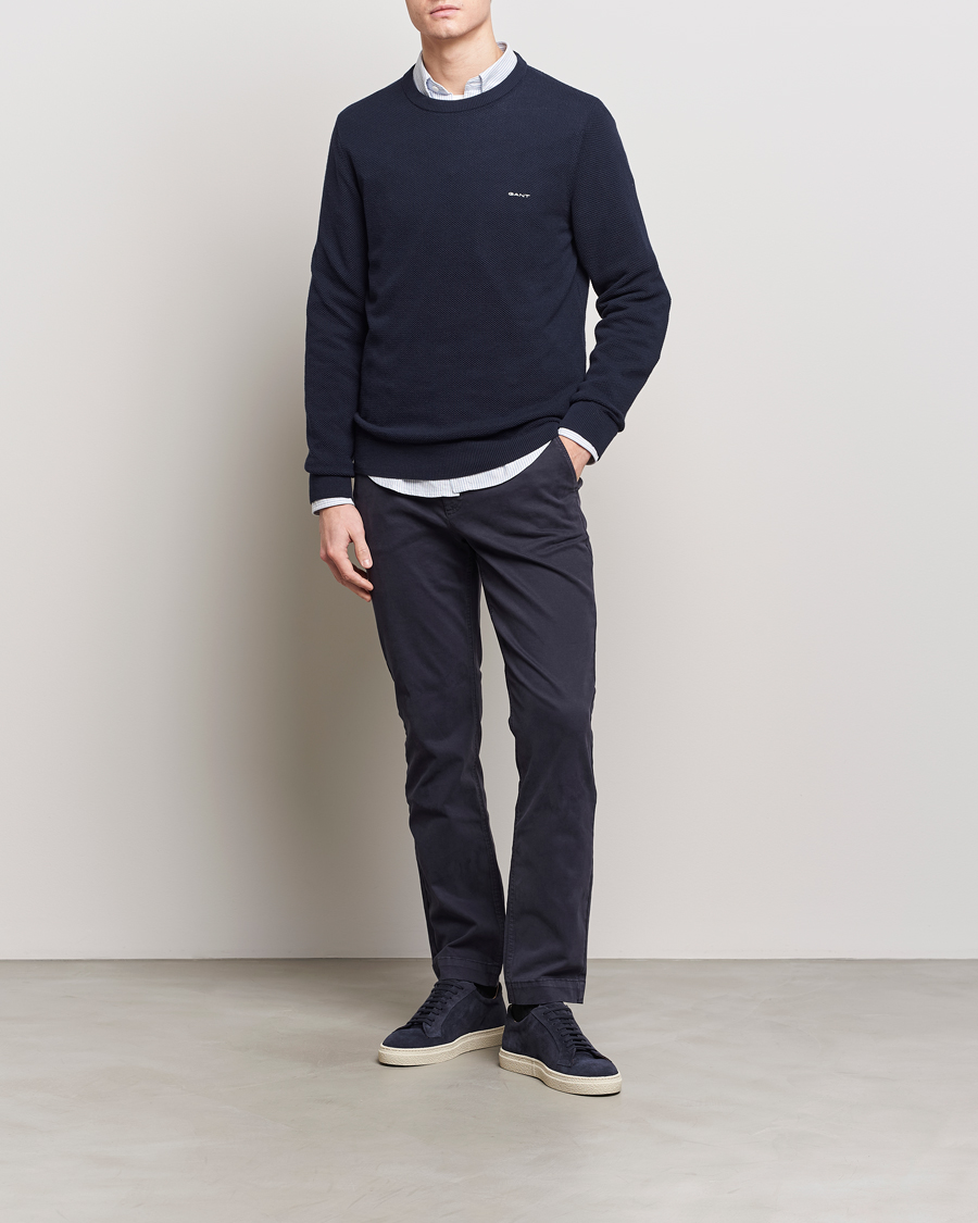 Homme | Pulls Et Tricots | GANT | Cotton Pique Crew Neck Sweater Evening Blue