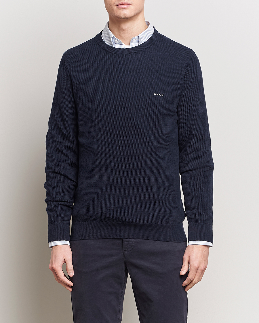 Homme |  | GANT | Cotton Pique Crew Neck Sweater Evening Blue