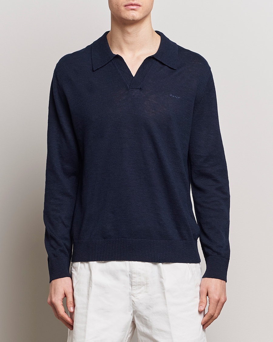 Homme | Soldes | GANT | Cotton/Linen Knitted Polo Evening Blue