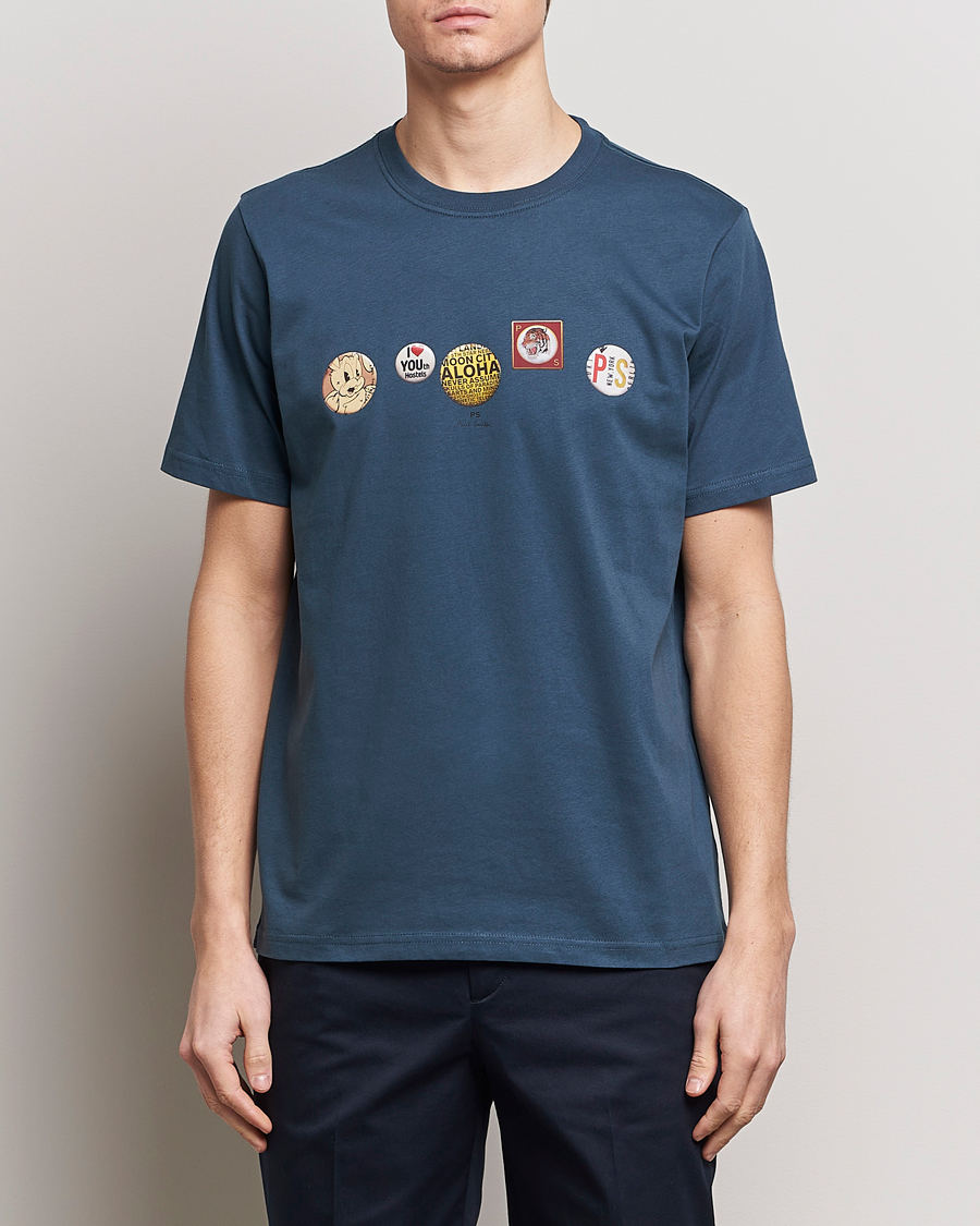 Homme | Best of British | PS Paul Smith | Organic Cotton Badges Crew Neck T-Shirt Blue