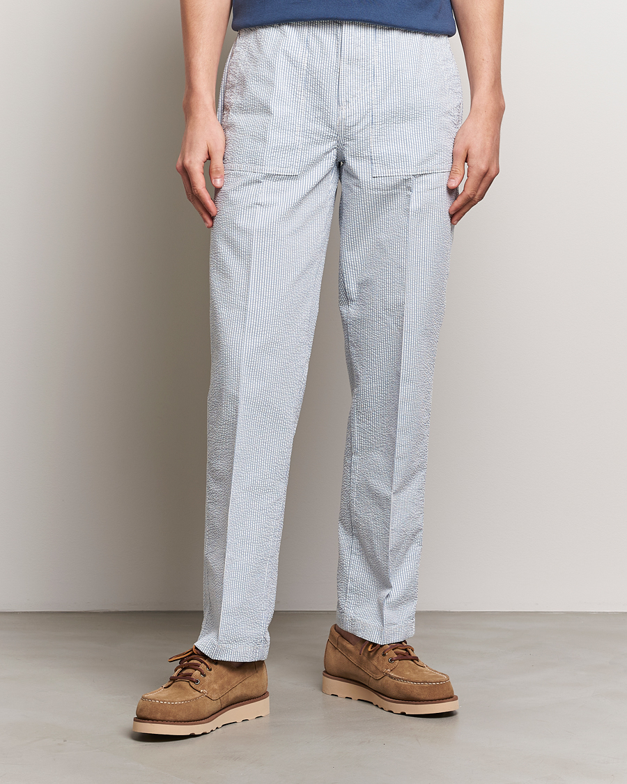 Homme | Pantalons Habillés | Morris | Seersucker Summer Slacks Light Blue