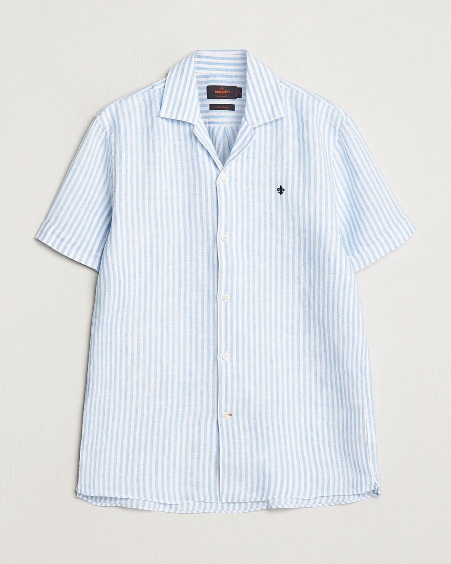 Homme | Chemises | Morris | Striped Resort Linen Short Sleeve Shirt Light Blue