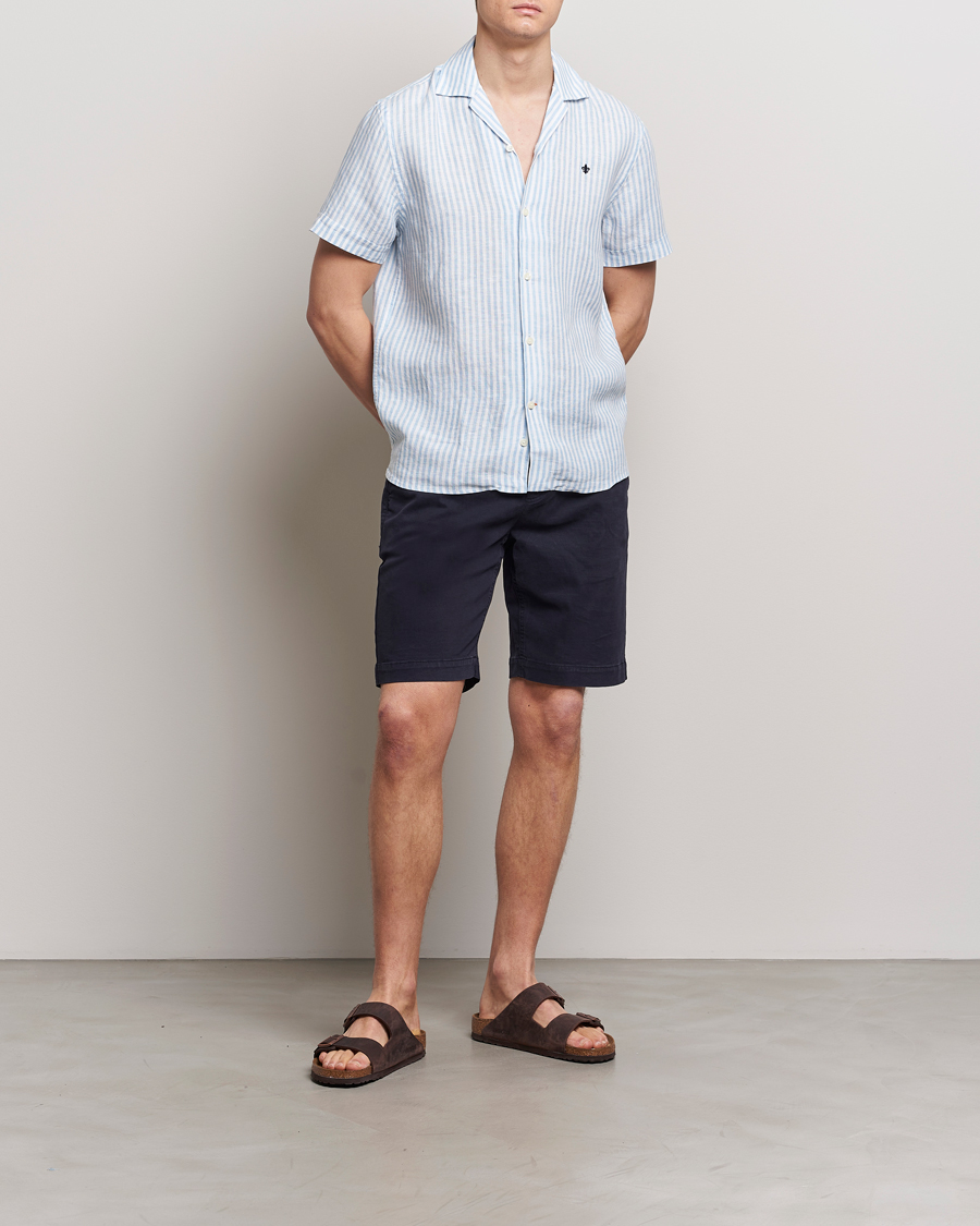 Homme | Chemises | Morris | Striped Resort Linen Short Sleeve Shirt Light Blue