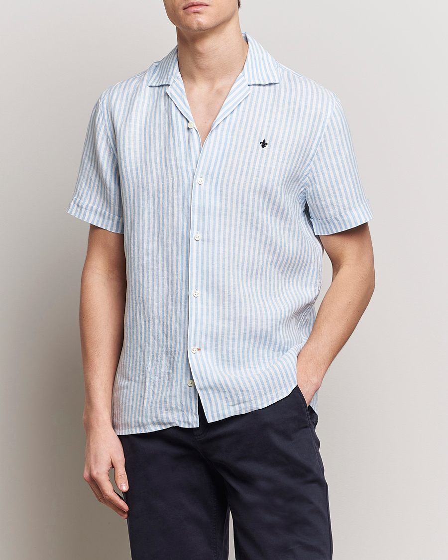 Homme | Chemises | Morris | Striped Resort Linen Short Sleeve Shirt Light Blue