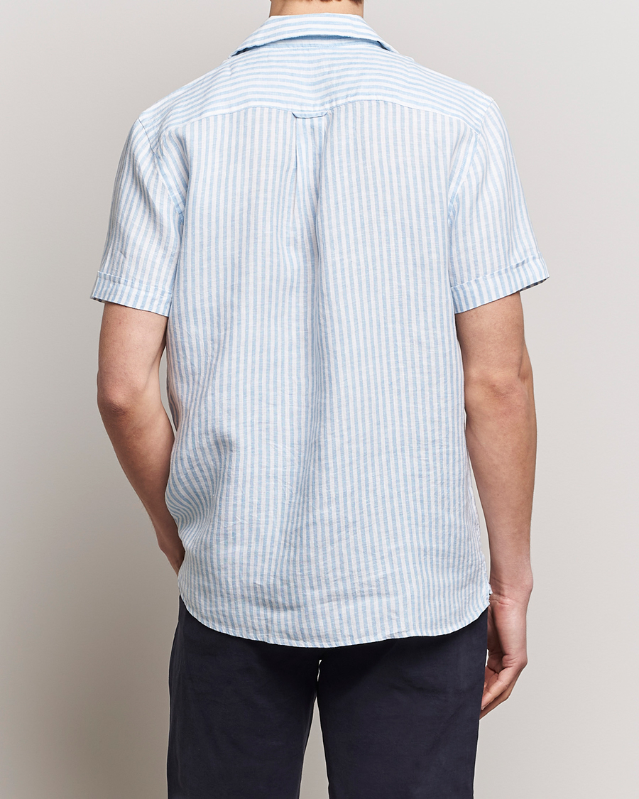 Homme | Chemises | Morris | Striped Resort Linen Short Sleeve Shirt Light Blue